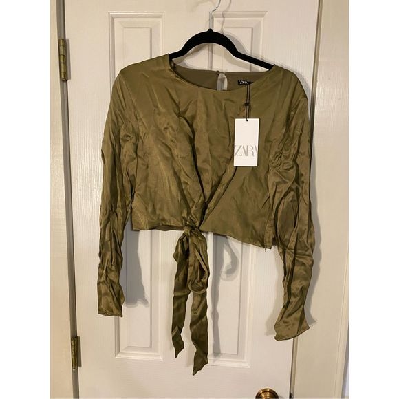 Zara NWT khaki geeen long-sleeve cropped shirt blouse size XL - Picture 3 of 8